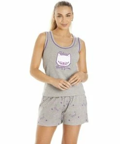 Camille Cat Motif Short Cotton Pyjama Set For Female