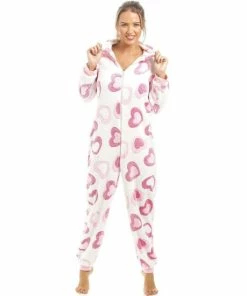 Camille Supersoft Fleece Heart Print Onesie For Female