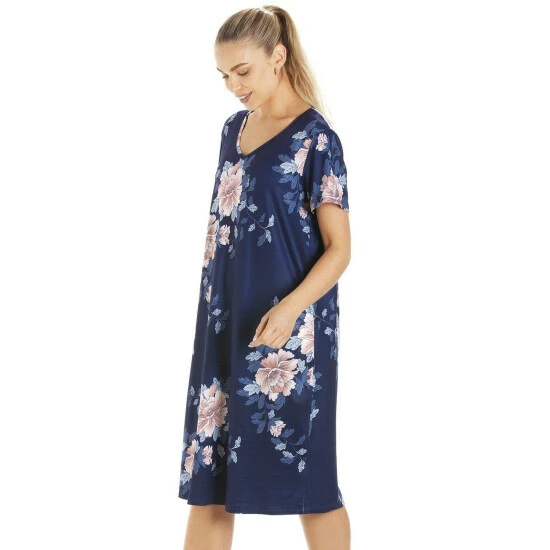 Camille Navy Blue Lightweight Pink Floral Nightdress For Female 4 Camille Navy Blue Lightweight Pink Floral Nightdress For Female - Image 2
