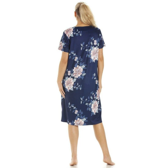 Camille Navy Blue Lightweight Pink Floral Nightdress For Female 5 Camille Navy Blue Lightweight Pink Floral Nightdress For Female - Image 3