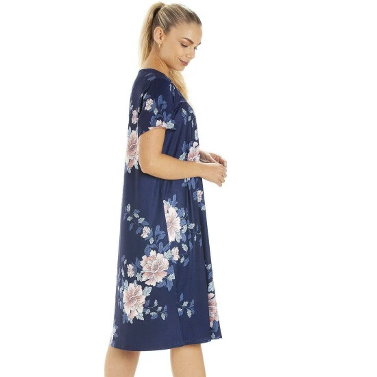 Camille Navy Blue Lightweight Pink Floral Nightdress For Female 6 Camille Navy Blue Lightweight Pink Floral Nightdress For Female - Image 4