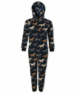 Camille Supersoft Multicoloured Horse Print Hooded All In One Onesie For Female